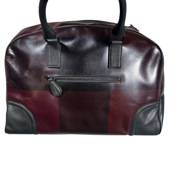 TED BAKER LEATHER OVERNIGHT BAG BURGUNDY AND BLACK CHECK - Picture 8 of 13